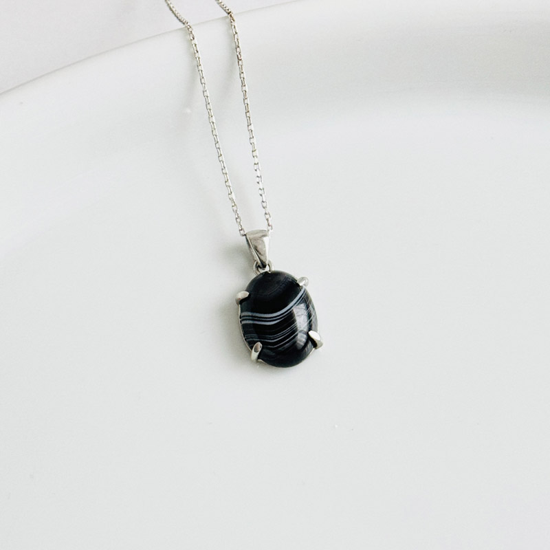 925 Silver Natural Black Agate Stone Pendant