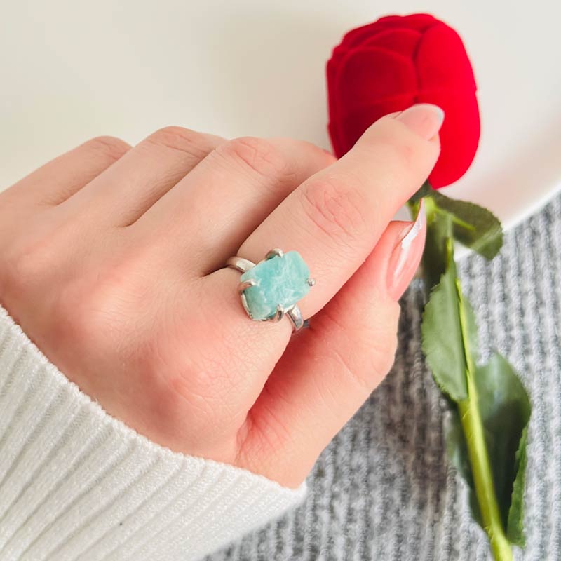 925 Sterling Silver Amazonite Stone Ring - Raw Shape