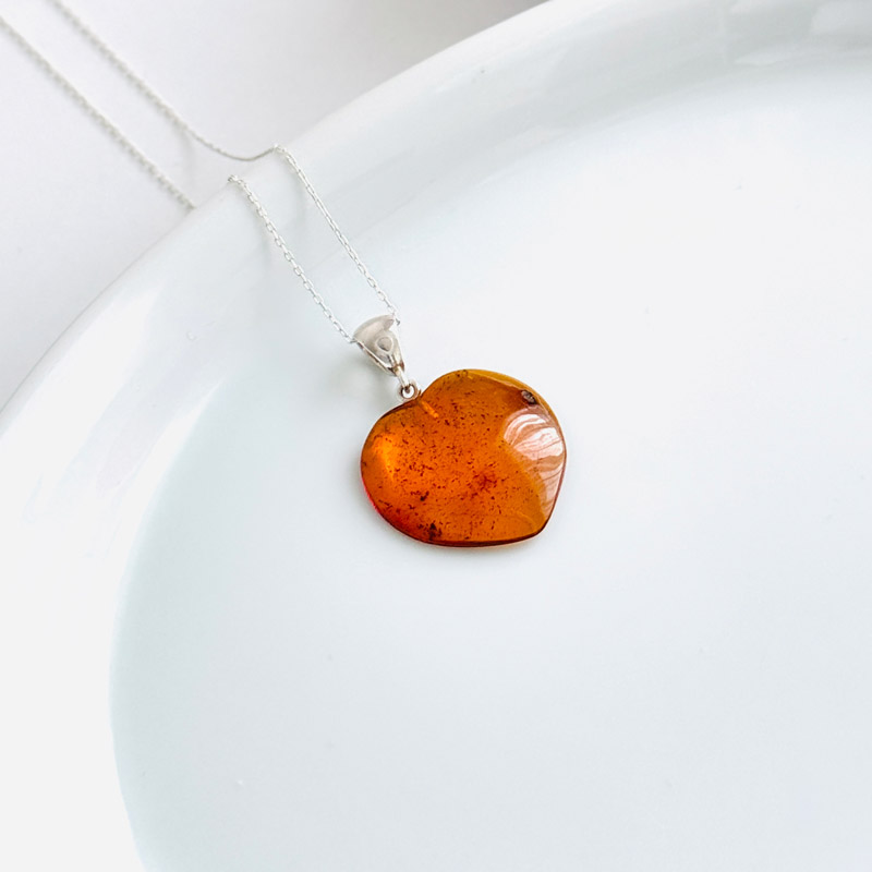 925 Silver Natural Baltic Amber Pendant -  Heart of Love