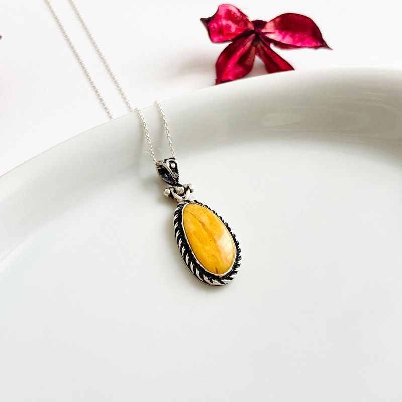 925 Silver Natural Baltic Amber Pendant - Square Shape