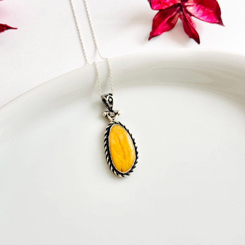 925 Silver Natural Baltic Amber Pendant - Square Shape