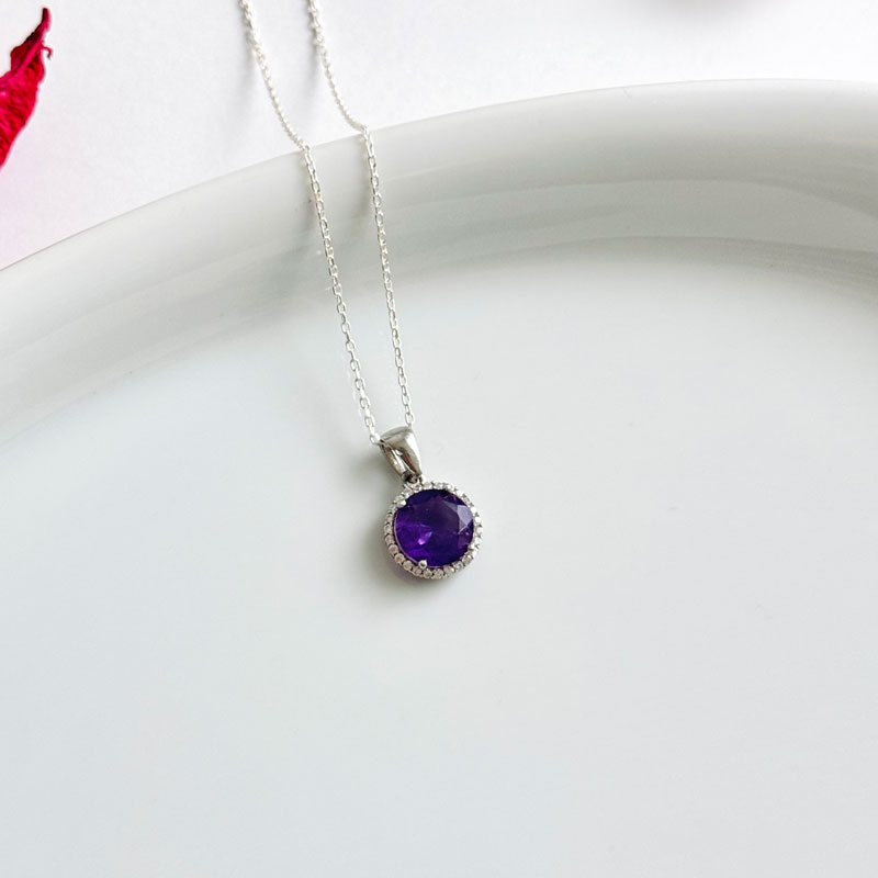 925 Silver Natural Amethyst Pendant - Zircon Around