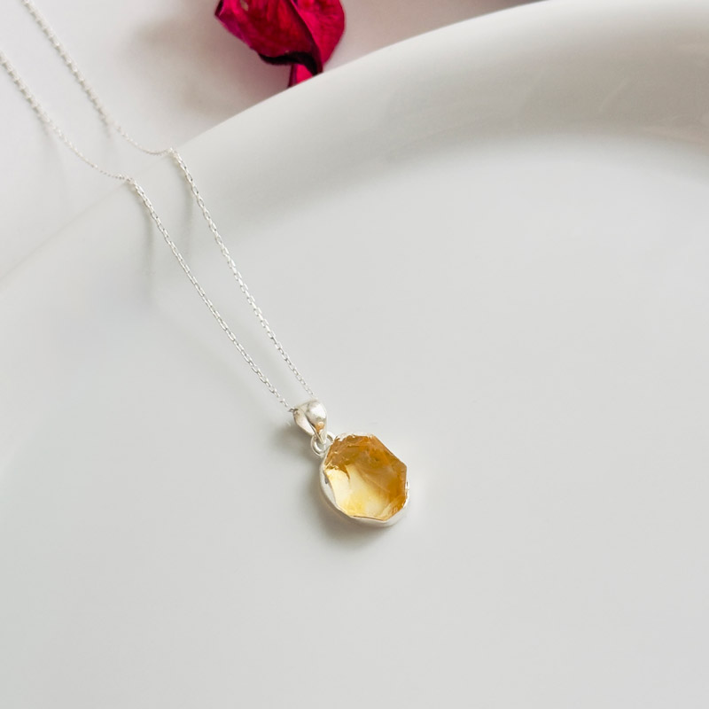 925 Sterling Silver Citrine Stone Pendant - Raw Shape