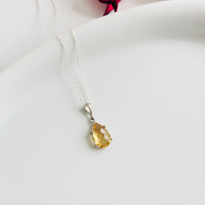 925 Sterling Silver Citrine Stone Pendant - Crystal Shape