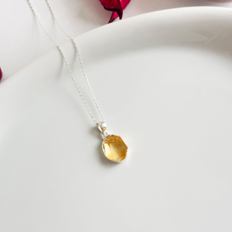 925 Sterling Silver Citrine Stone Pendant - Raw Shape