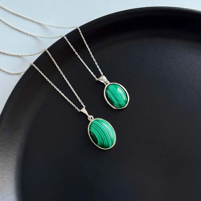 925 Silver Malachite Stone Pendant - Oval Shape