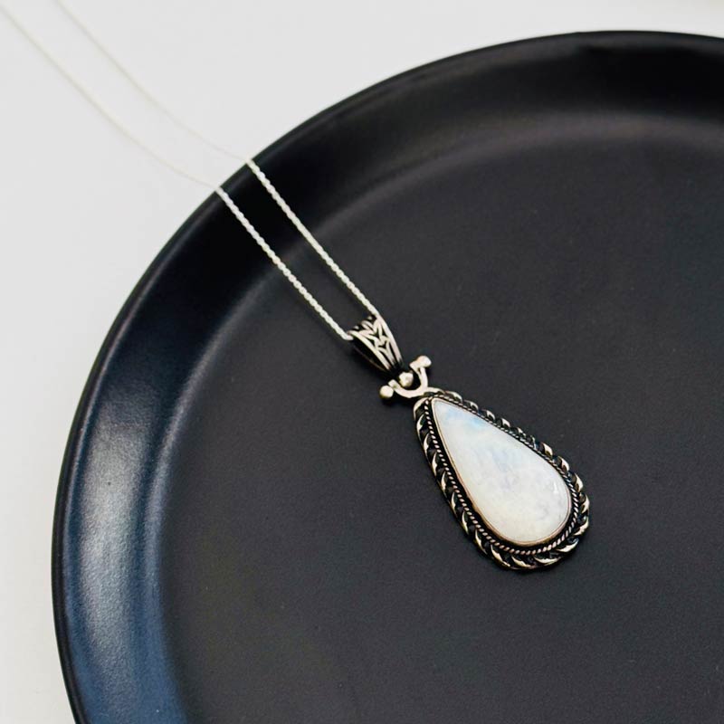 925 Silver Natural Moonstone Pendant  - Drop Shape