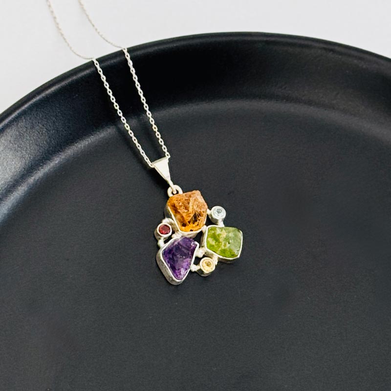 Multi Stone Pendant , 925 Silver Natural Amethyst , Citrine & Peridot Stone Pendant - Raw Shape