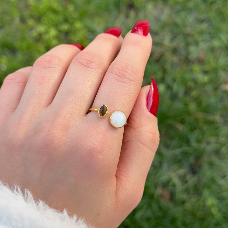 925 Silver Natural Moonstone & Smoky Quartz Ring