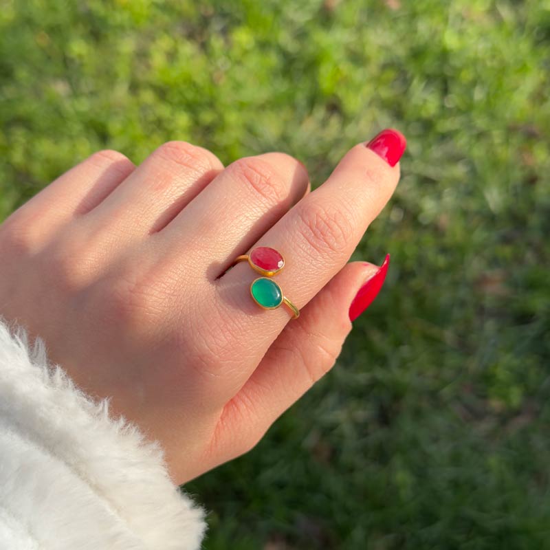 Multistone Ring , 925 Sterling Silver Green Onyx & Red Ruby Ring