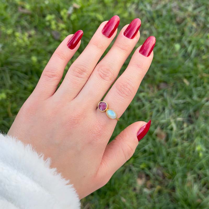 Multistone Ring , 925 Sterling Silver Labradorite & Red Ruby Ring