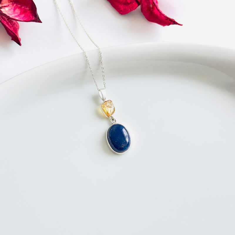 925 Silver Natural Lapis Lazuli & Citrine Necklace - No : 1000