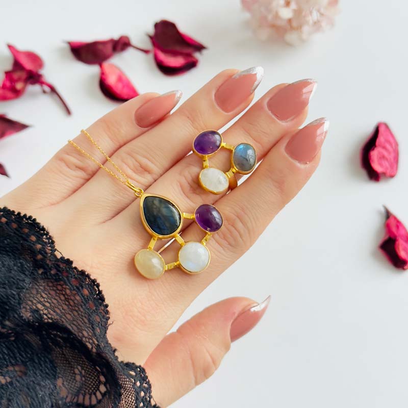 Multi Stone Ring , 925 Silver Natural Amethyst , Moonstone & Labradorite Stone set