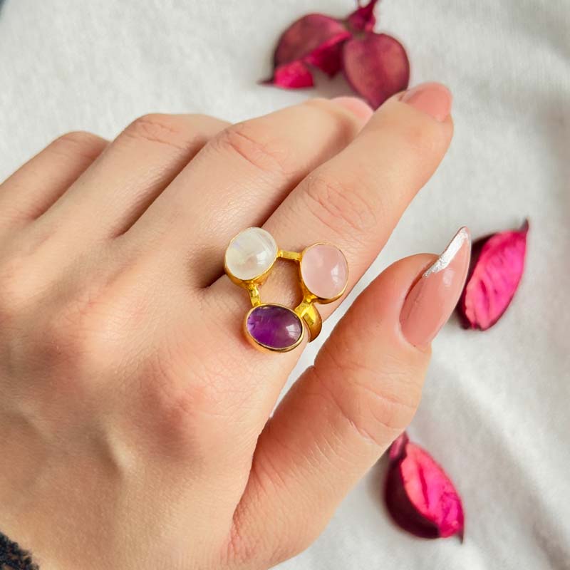 Multi Stone Ring , 925 Silver Natural Amethyst , Moonstone & Rose Quartz Stone Ring