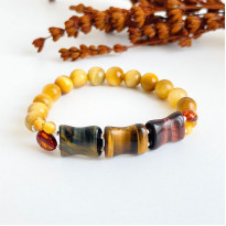 Multi Stone Bracelet , 8mm Natural Tiger Eye & Amber Bracelet