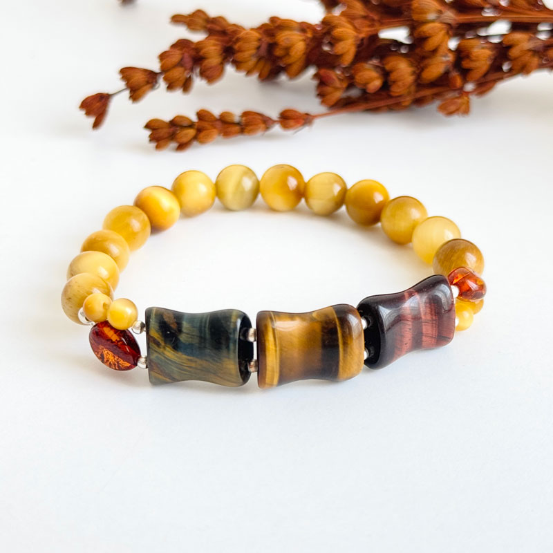 Multi Stone Bracelet , 8mm Natural Tiger Eye & Amber Bracelet