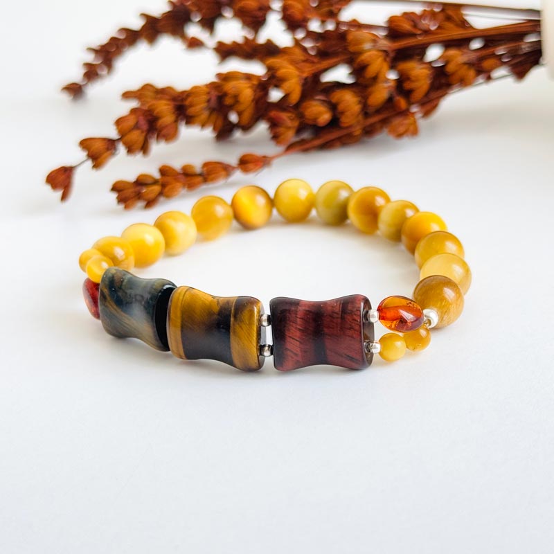 Multi Stone Bracelet , 8mm Natural Tiger Eye & Amber Bracelet