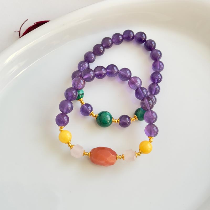 Multi Stone Bracelet , 8mm Amethyst , Amber , Rose Quartz & Sunstone Bracelet