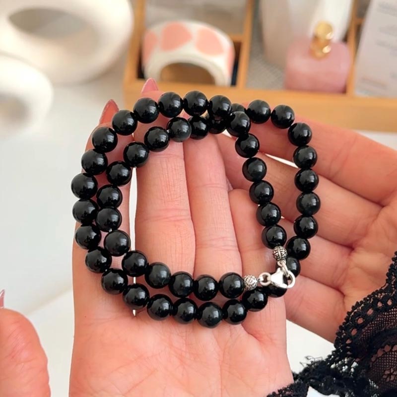 8 mm Black Obsidian Stone Necklace - NO : 0590