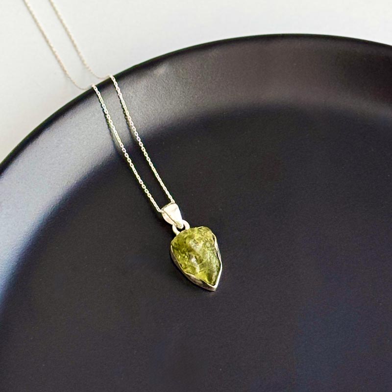 925 Silver Natural Peridot Stone Pendant - Raw Shape