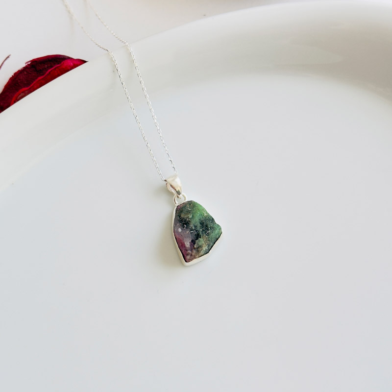 925 Silver Natural Ruby Zoisite Stone Pendant - Raw Shape