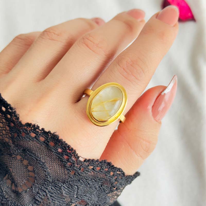 925 Silver Natural Golden Rutilated Quartz Stone Ring