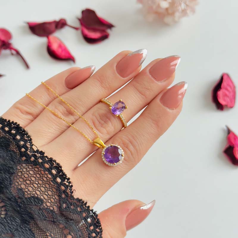 925 Silver Natural Amethyst Set ( Neklcace + Ring )