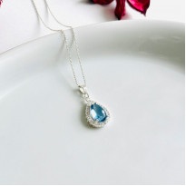 925 Silver Rare Blue Topaz Stone Pendant - Zircon Around