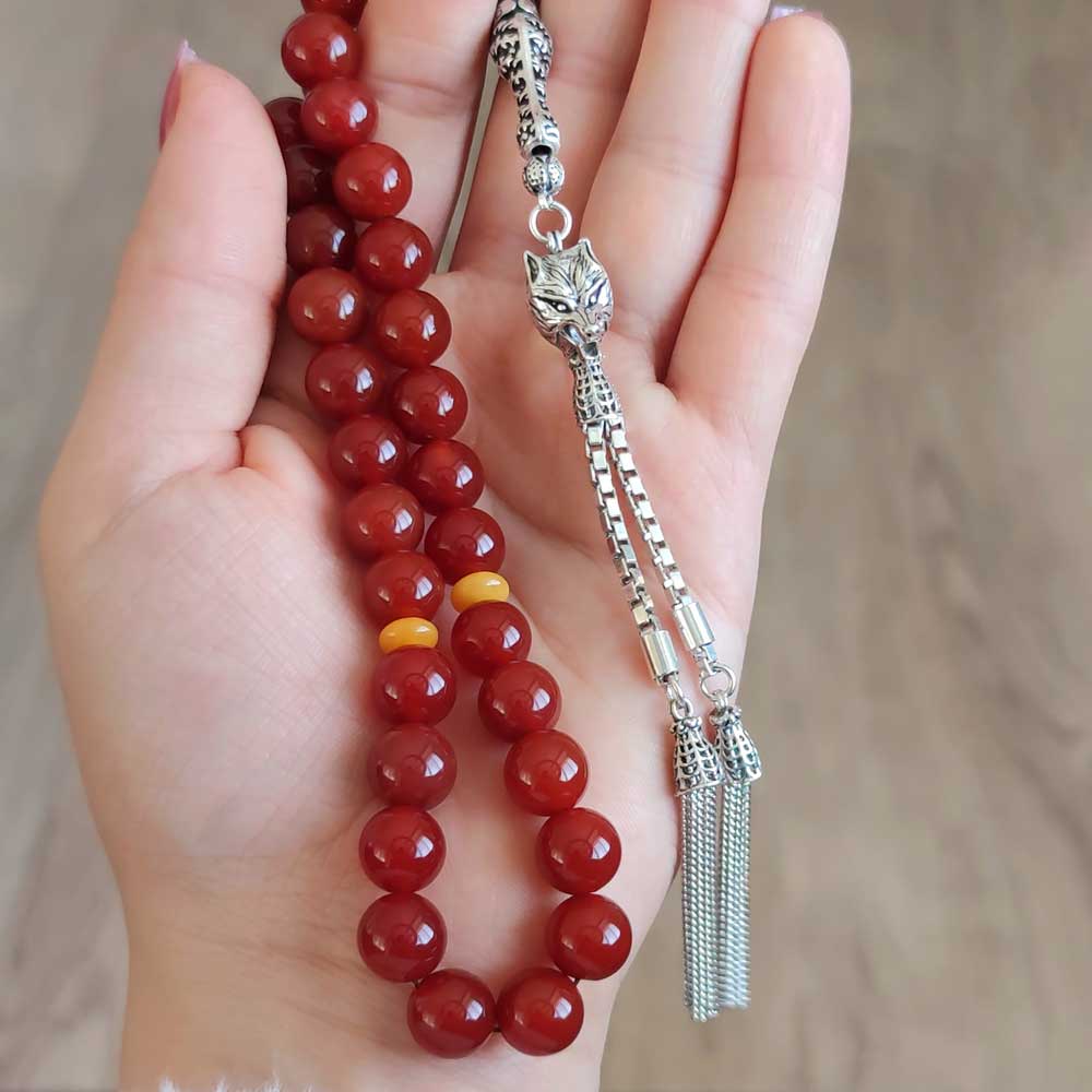 10 mm Natural Red Agate + Amber Rosary