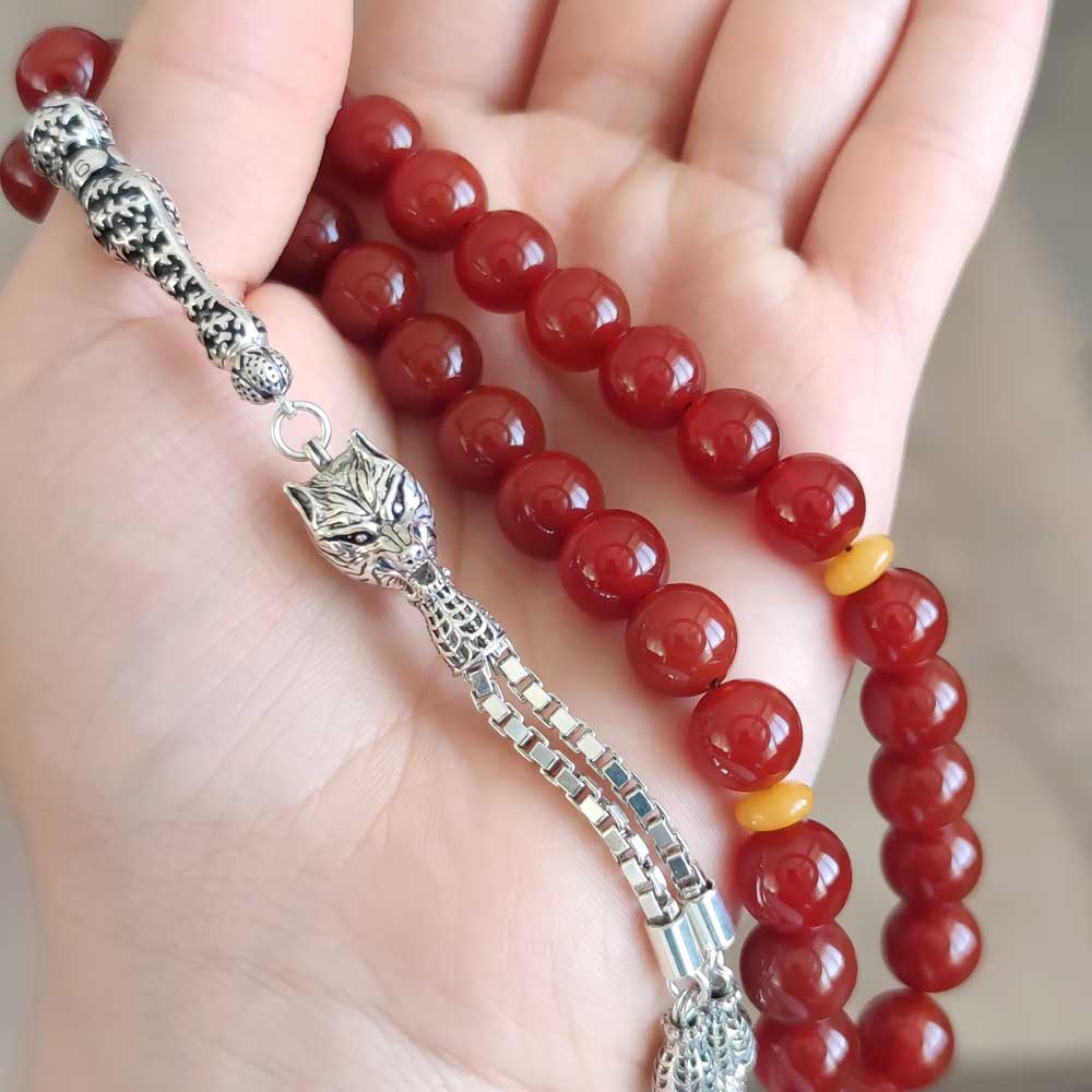 10 mm Natural Red Agate + Amber Rosary