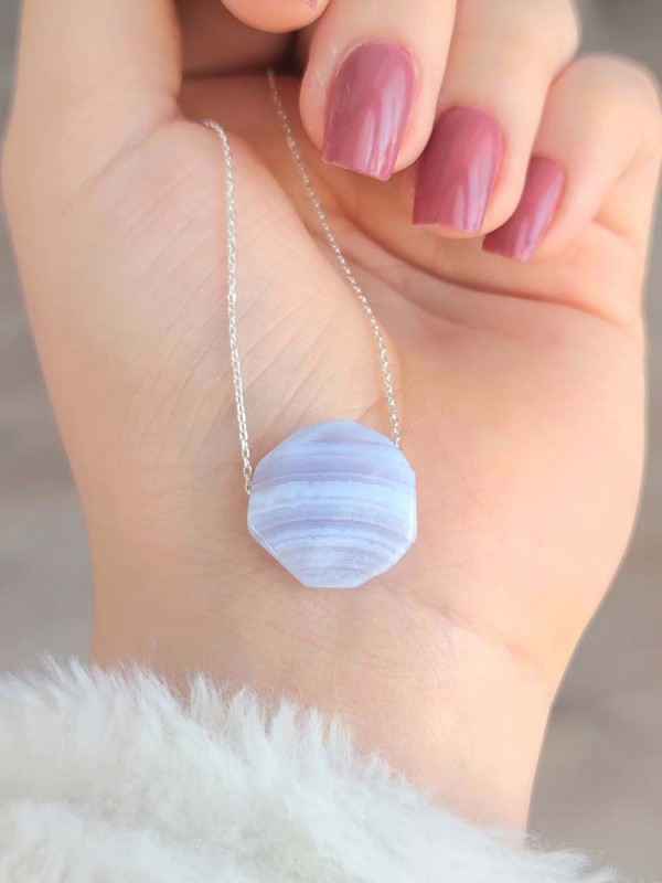 925 Natural Blue Chalcedony ( Lace Agate ) Stone Pendant