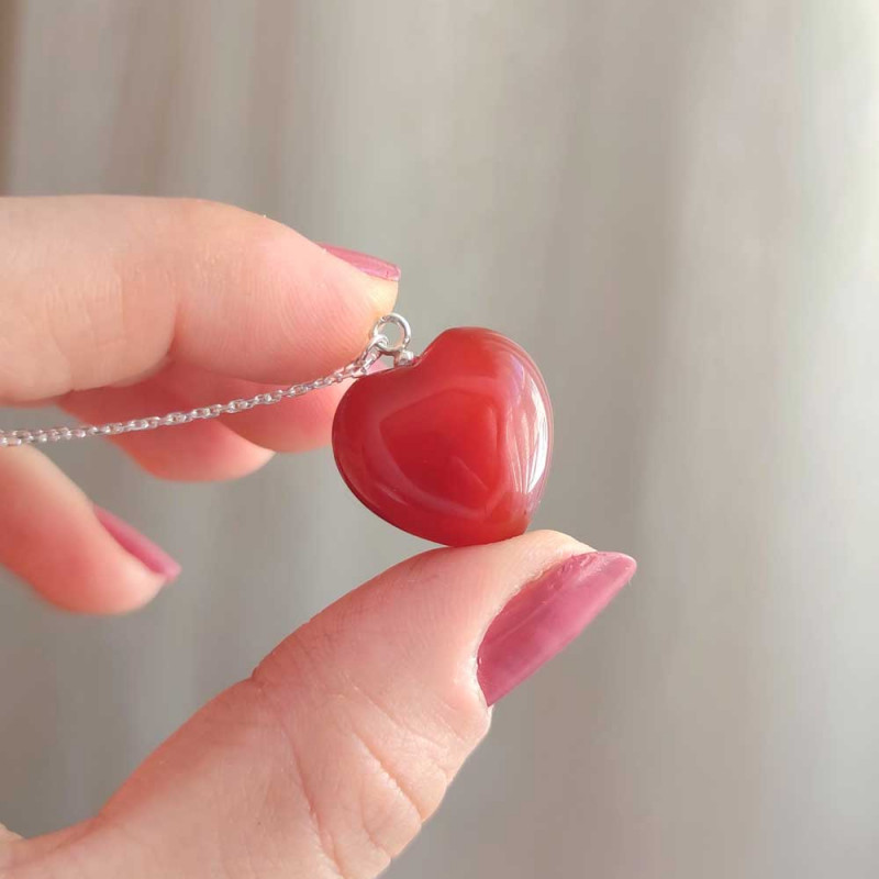 925 Silver Natural Red Agate Pendant -  Heart of Love