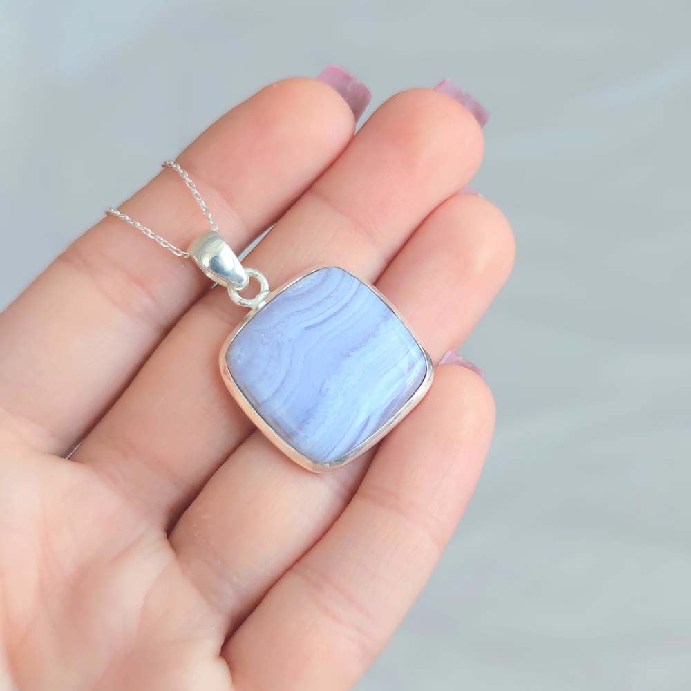 925 Natural Blue Chalcedony ( Lace Agate ) Stone Pendant