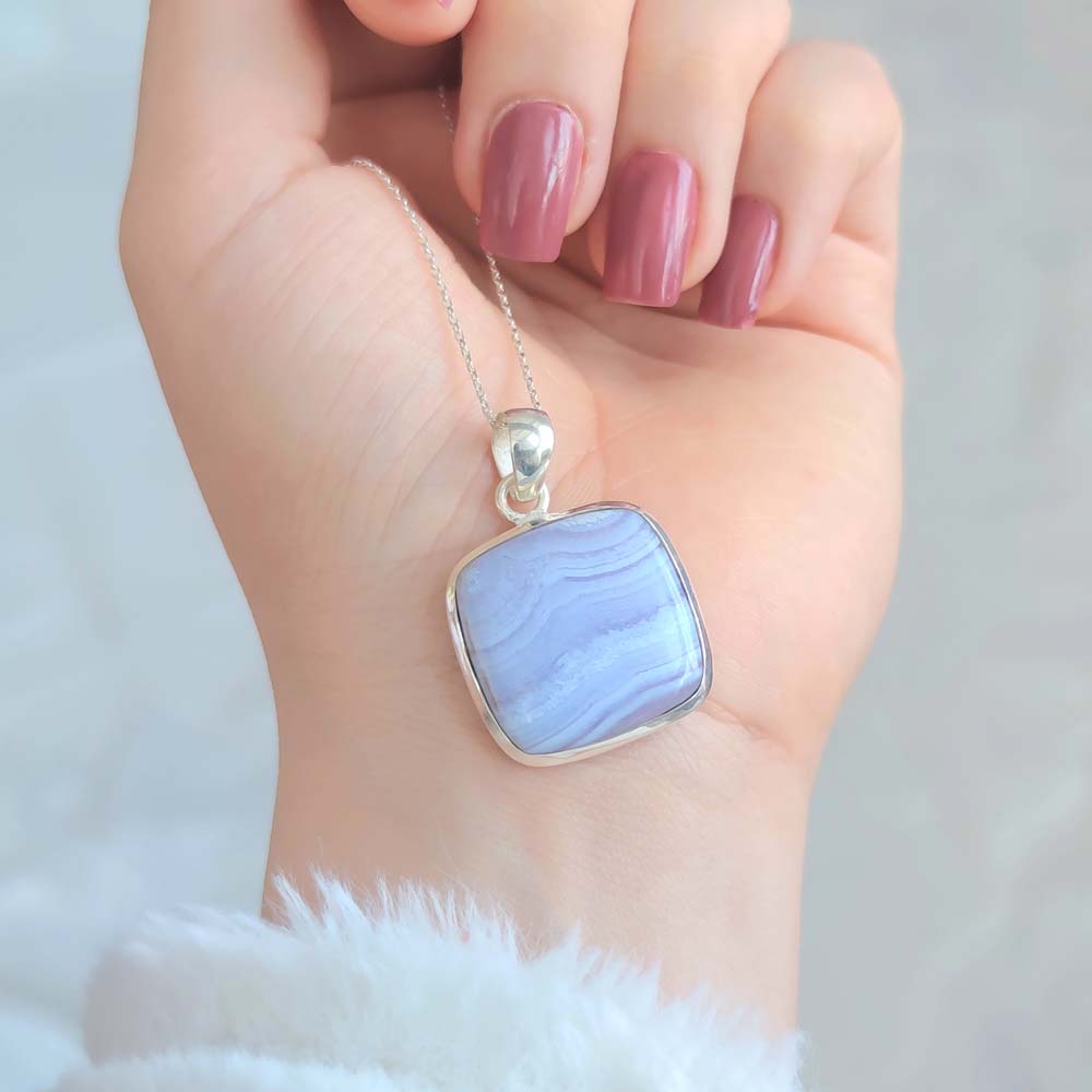 925 Natural Blue Chalcedony ( Lace Agate ) Stone Pendant