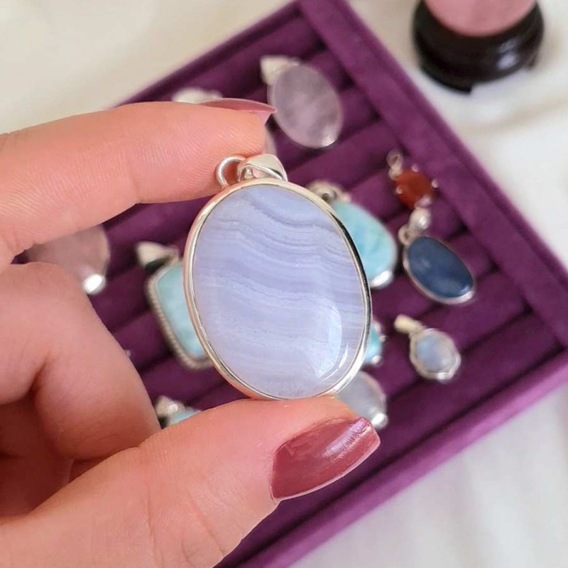 925 Natural Blue Chalcedony ( Lace Agate ) Stone Pendant