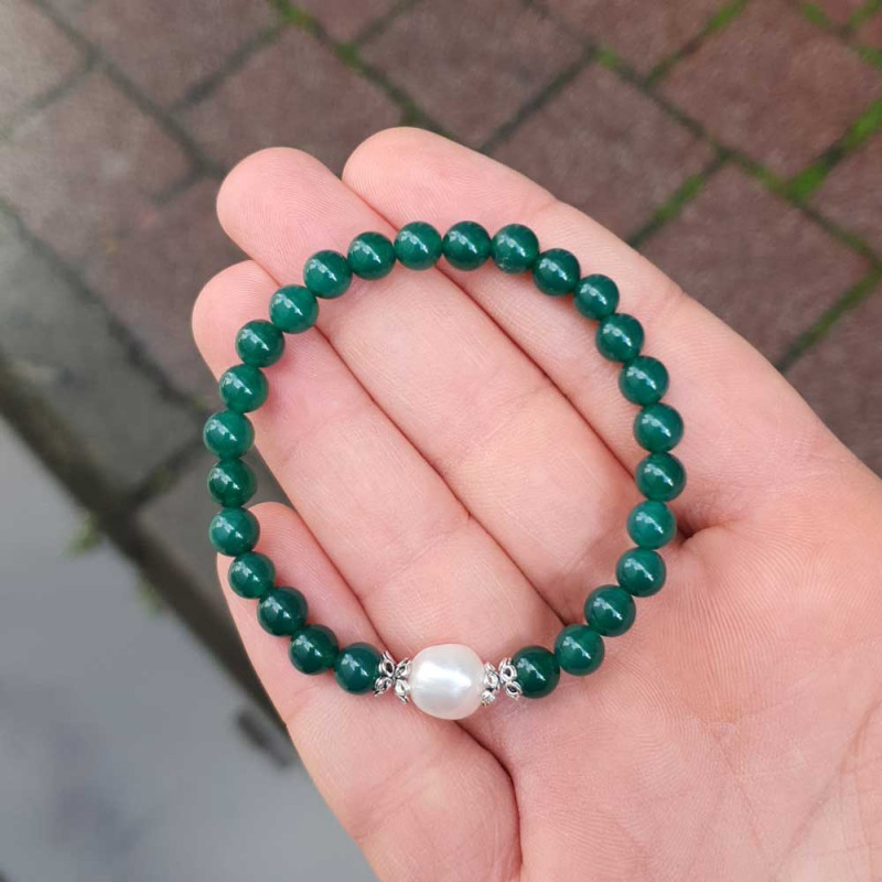 Natural Gemstone + Pearl Bracelet ,  6 mm Natural Green Agate With Pearl - No : BR0100