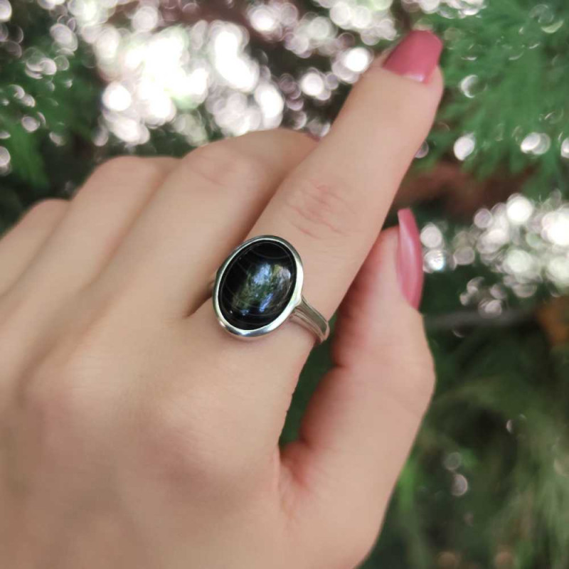 925 Silver Natural Black Agate Stone Ring - No : 1100