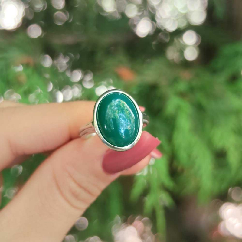 925 Silver Natural Green Agate Ring - No : 1100