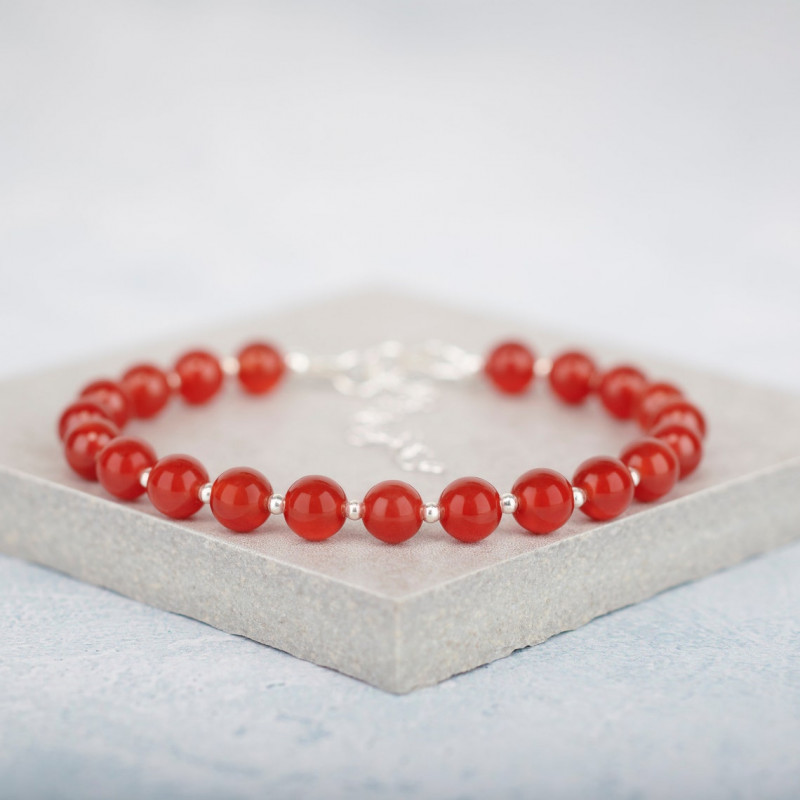 925 Sterling Silver Bracelet , 6mm Natural Red Agate Bracelet