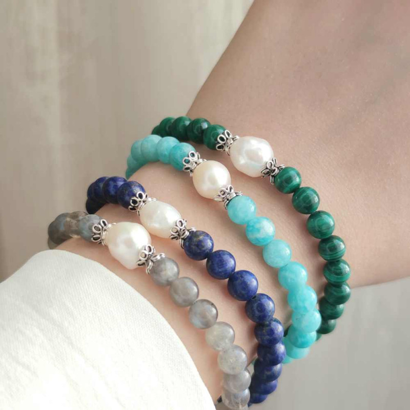 Natural Gemstone + Pearl Bracelet , 6mm Natural Amazonite & Pearl Bracelet - No : BR0100