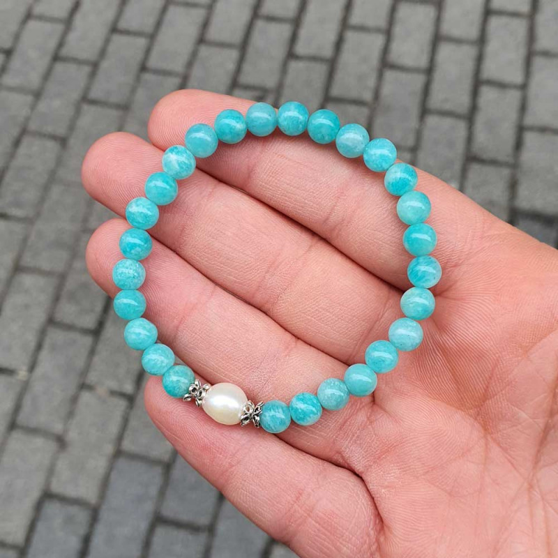 Natural Gemstone + Pearl Bracelet , 6mm Natural Amazonite & Pearl Bracelet - No : BR0100