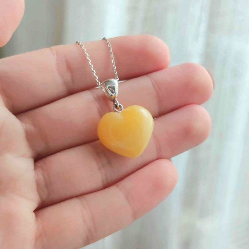 925 Silver Natural Baltic Amber Pendant -  Heart of Love