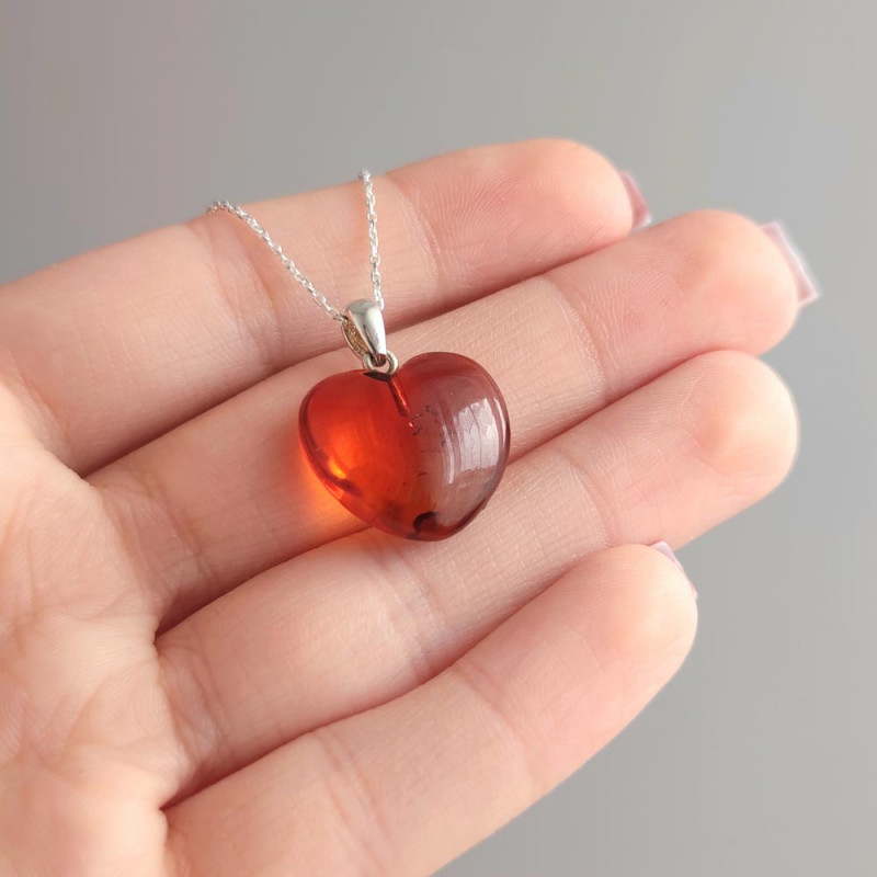 925 Silver Natural Baltic Amber Pendant -  Heart of Love