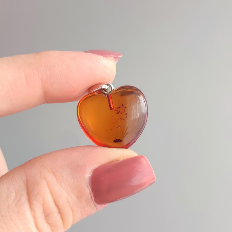 925 Silver Natural Baltic Amber Pendant -  Heart of Love