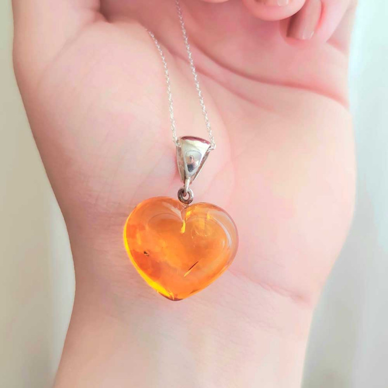 925 Silver Natural Baltic Amber Pendant -  Heart of Love