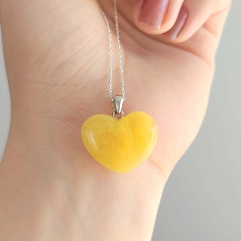 925 Silver Natural Baltic Amber Pendant -  Heart of Love