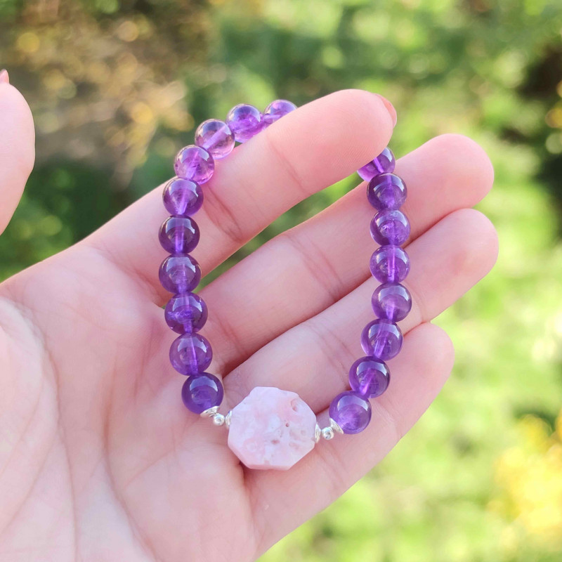 8mm Natural Amethyst & Pink Opal Bracelet