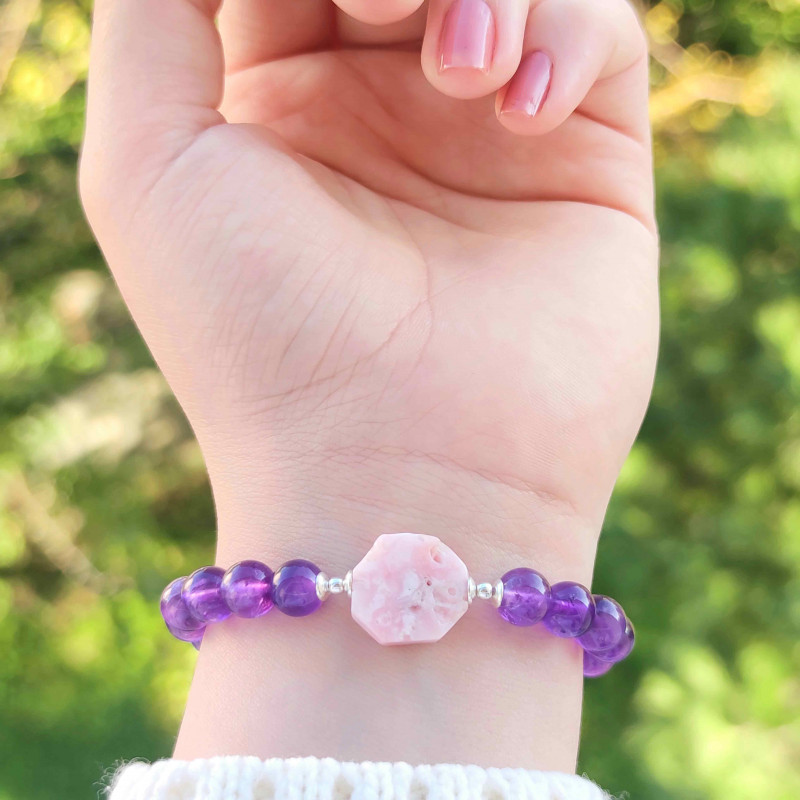 8mm Natural Amethyst & Pink Opal Bracelet