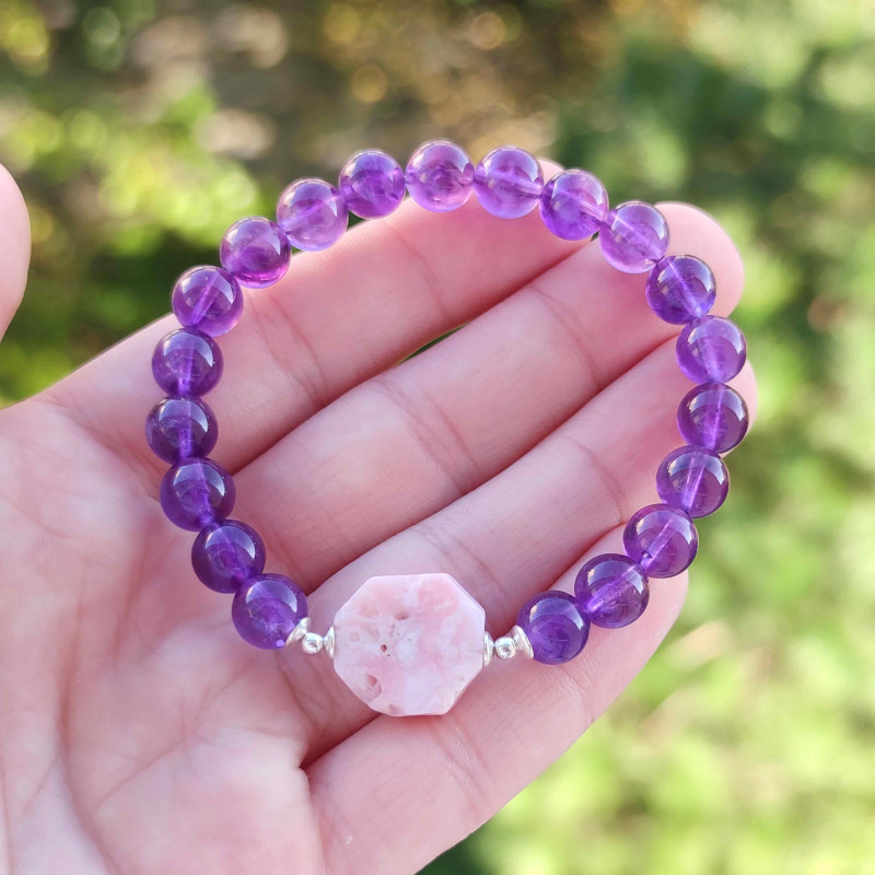 8mm Natural Amethyst & Pink Opal Bracelet