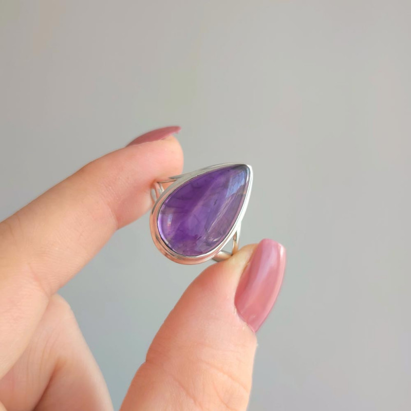 925 Silver Natural Amethyst Stone Ring - Drop Shape